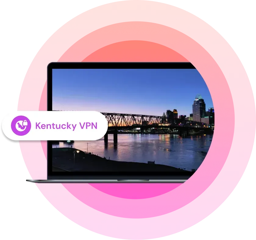 Laptop with a picture of a river and a bridge in a city in Kentucky during sunset